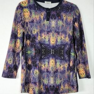 Earthbound Trading Company Womens Shirt Sz Small Colorful Galaxy Moon and Stars 